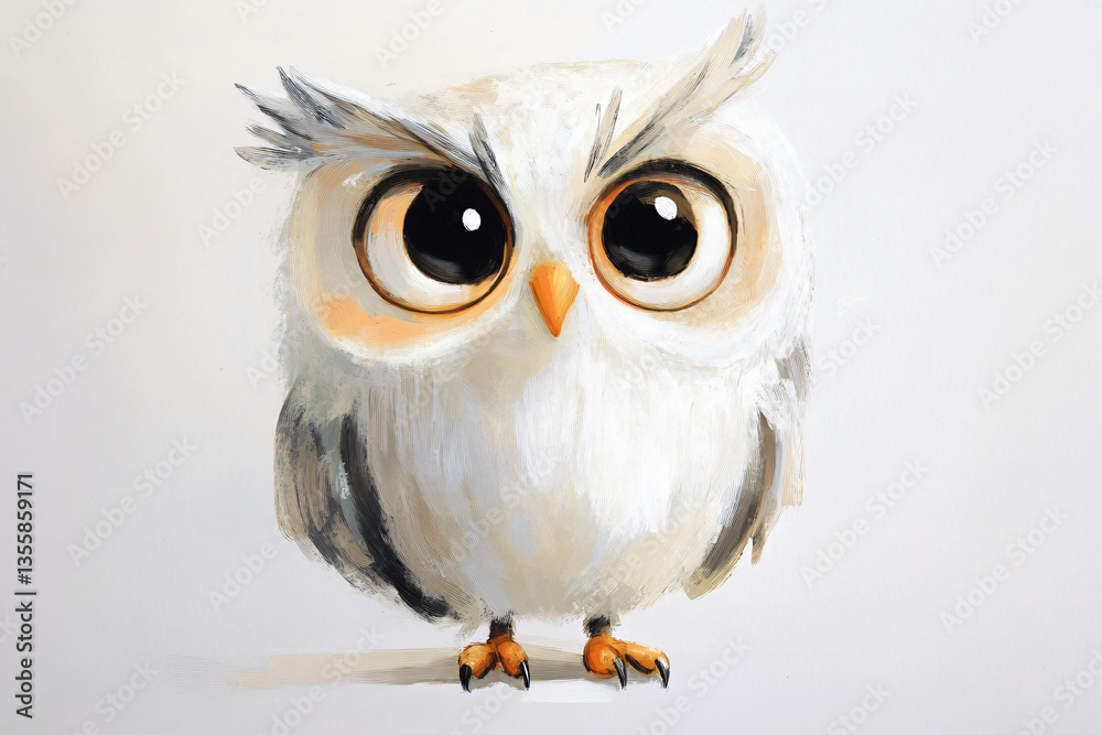 Naklejka premium Cartoon owl illustration digital drawing cute round body big eye fluffy feathers soft texture standing pose animal character children artwork bird forest creature isolated white background painting