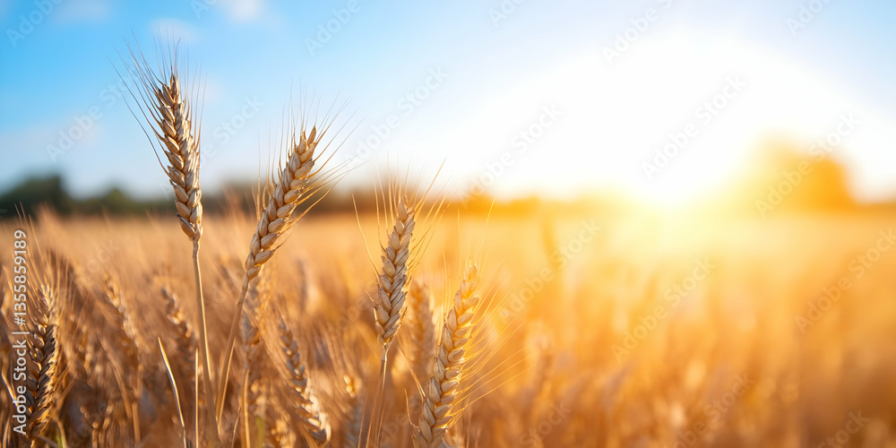 Fototapeta premium Golden Wheat Field Shines Under Bright Sunlight with Clear Blue Sky Depicting Bountiful Harvest with Ripened Grains Swaying Gently in Warm Summer Breeze and Lush Green Background on Sunny Day
