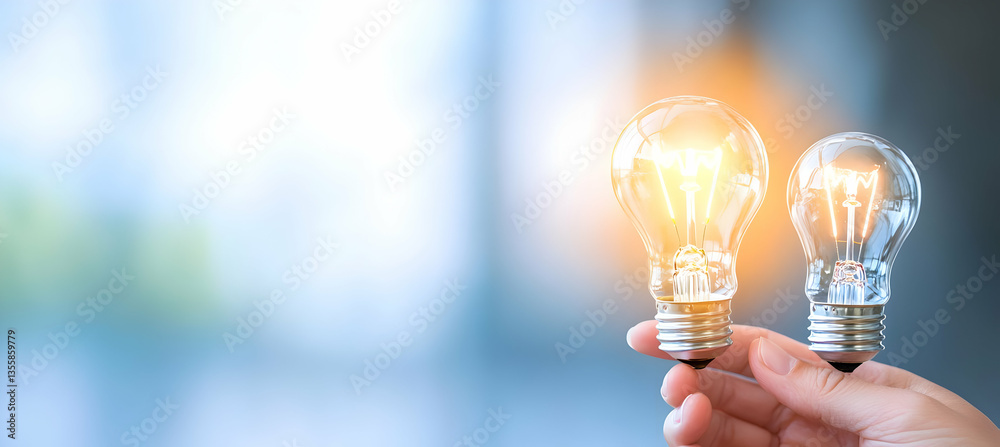 Hand Holding Two Glass Lightbulbs with Glowing Filament Against Blurred Background Symbolizing Innovation and Bright Idea Creative Solution for Business and Technology Industry in Soft Lighting Hand Holding Two Glass Lightbulbs with Glowing Filament Against Blurred Background Symbolizing Innovation and Bright Idea Creative Solution for Business and Technology Industry in Soft Lighting