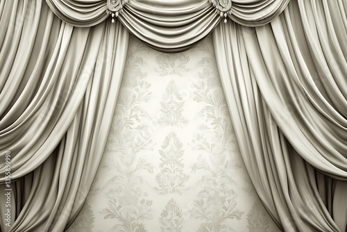 Elegant curtains frame classic wallpaper, ideal for theater stage or luxurious decor