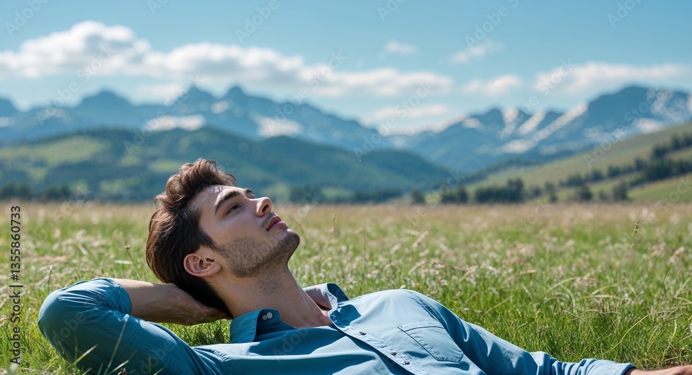 Obraz premium Relaxed young man lying on grassy field looking at clear sky spring break peace photography model