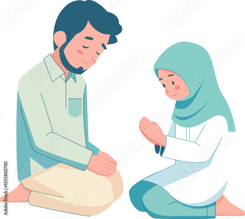 Happy Eid al-Fitr and Eid al-Adha Muslim Family Illustration - Islamic Celebration with Forgiveness Pose