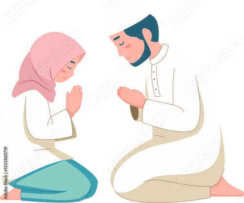 Happy Eid al-Fitr and Eid al-Adha Muslim Family Illustration - Islamic Celebration with Forgiveness Pose
