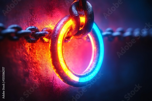 Glowing neon ring connected by dark metallic chain links