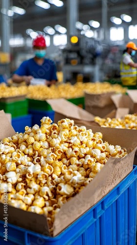 Workers packaging freshly popped popcorn in a bright factory with colorful bins