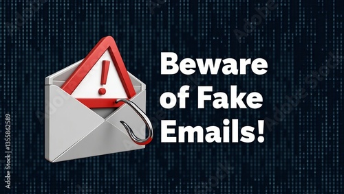 A striking warning graphic highlighting the importance of being cautious with emails featuring a fake alert symbol.