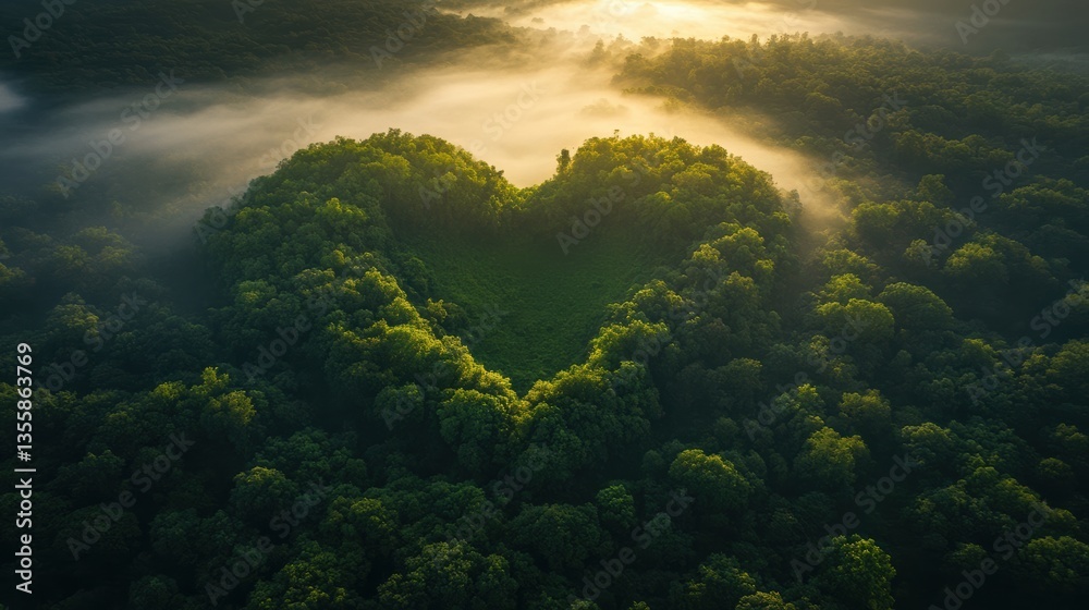 Aerial View of Heart-Shaped Forest in Misty Sunrise Golden Hour Photography Aerial View of Heart-Shaped Forest in Misty Sunrise Golden Hour Photography