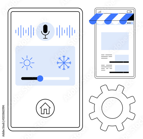 Digital home control panel with voice activation, temperature adjustment slider, mobile screen, and gear. Ideal for technology, automation, application design, IoT, smart systems user interaction