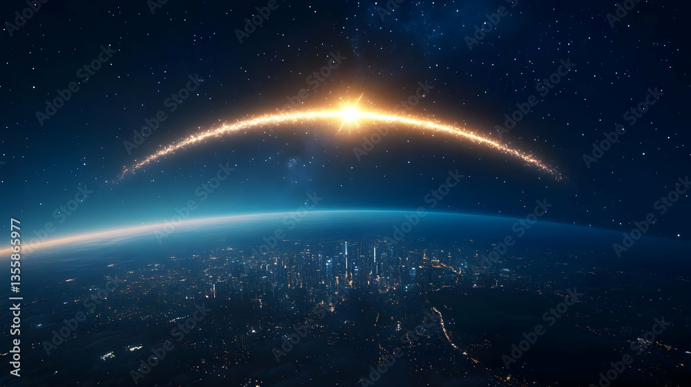Sparkling Celestial Arc Over Illuminated City At Night with Stars in Deep Blue Sky Represents Earth Planet Orbiting Around Globe in Universe Sparkling Celestial Arc Over Illuminated City At Night with Stars in Deep Blue Sky Represents Earth Planet Orbiting Around Globe in Universe