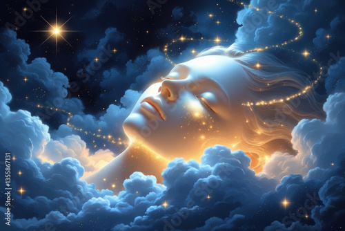 Dreamlike glowing woman in cosmic night sky