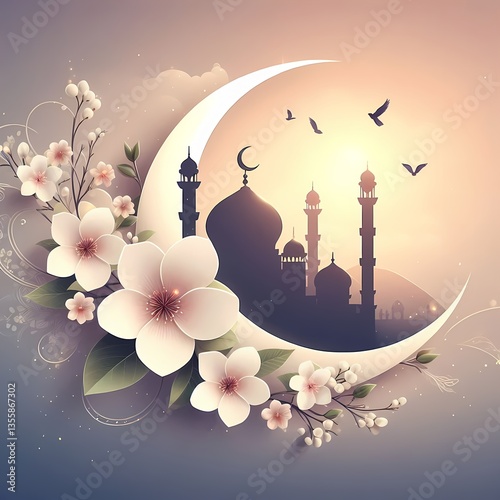 A beautiful mosque bathed in warm light with flying birds in sky, crescent moon, and blossom flowers, elegant and modern design, Eid Mubarak, greetings card, backgrounds