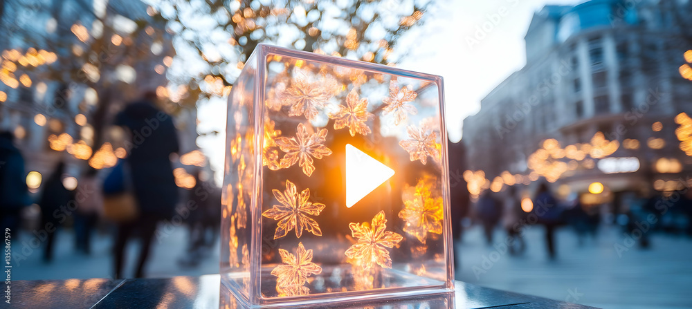 Transparent Cube Adorned with Golden Snowflake Patterns Against a Blurred Urban Cityscape Background with Bokeh Lights in Warm Winter Hues Creating an Atmospheric and Festive Holiday Theme Transparent Cube Adorned with Golden Snowflake Patterns Against a Blurred Urban Cityscape Background with Bokeh Lights in Warm Winter Hues Creating an Atmospheric and Festive Holiday Theme