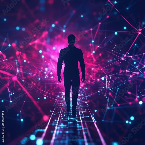 Futuristic 3D Concept of Leadership with Figure in Digital Space
