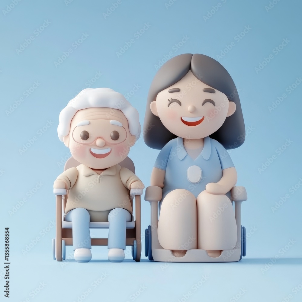 Smiling Caregiver Icon in 3D Rendered Style with Elderly Person Smiling Caregiver Icon in 3D Rendered Style with Elderly Person