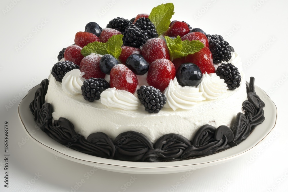 Delicious Creamy Cake with Fresh Berries and Mint Garnish on a White Background Delicious Creamy Cake with Fresh Berries and Mint Garnish on a White Background