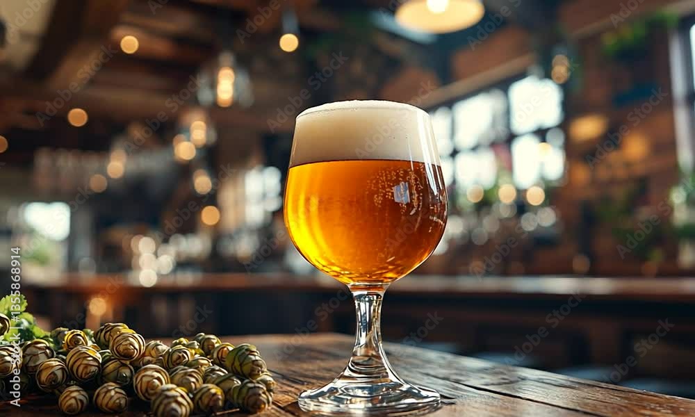 A beautifully crafted beer glass filled with amber liquid sits on a rustic wooden table in a cozy pub, with hops nearby and warm lighting creating an inviting atmosphere