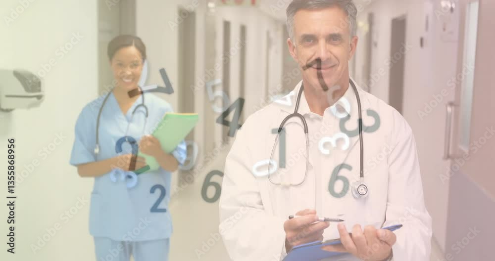 Medical professionals in hospital corridor with floating numbers animation overlay Medical professionals in hospital corridor with floating numbers animation overlay