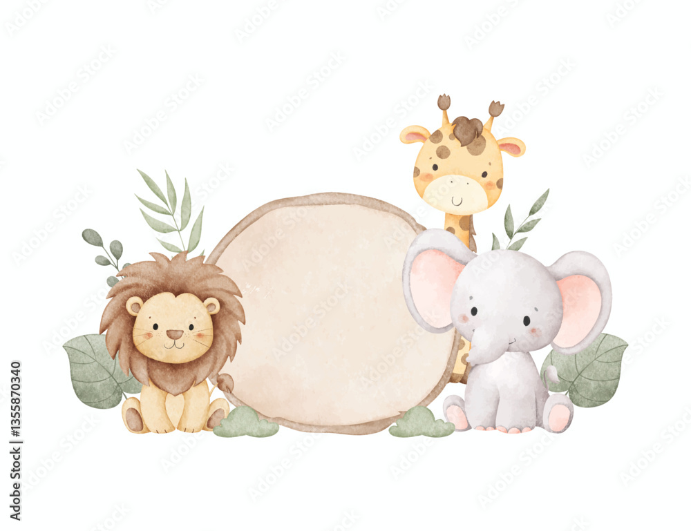 Fototapeta premium Watercolor Illustration Safari Animals with Leaves and Wooden Board