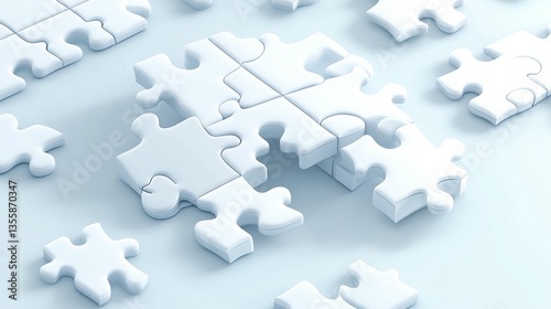 White puzzle pieces scattered on a light blue background, some connected, others separate, showcasing problem-solving and teamwork concepts.