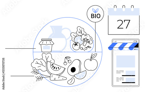 Organic fruits, vegetables, dairy jar, and bread with online shopping concept and calendar for planning. Ideal for sustainability, organic farming, nutrition, eco-lifestyle, time management meal