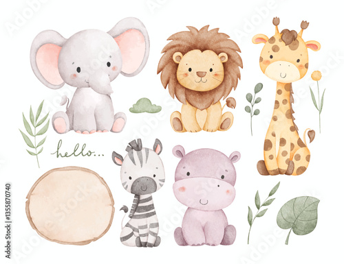 Watercolor Illustration Set of Safari Animals with Leaves and Wooden Board