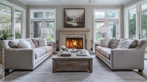 Sophisticated living room interior featuring fireplace and elegant furniture