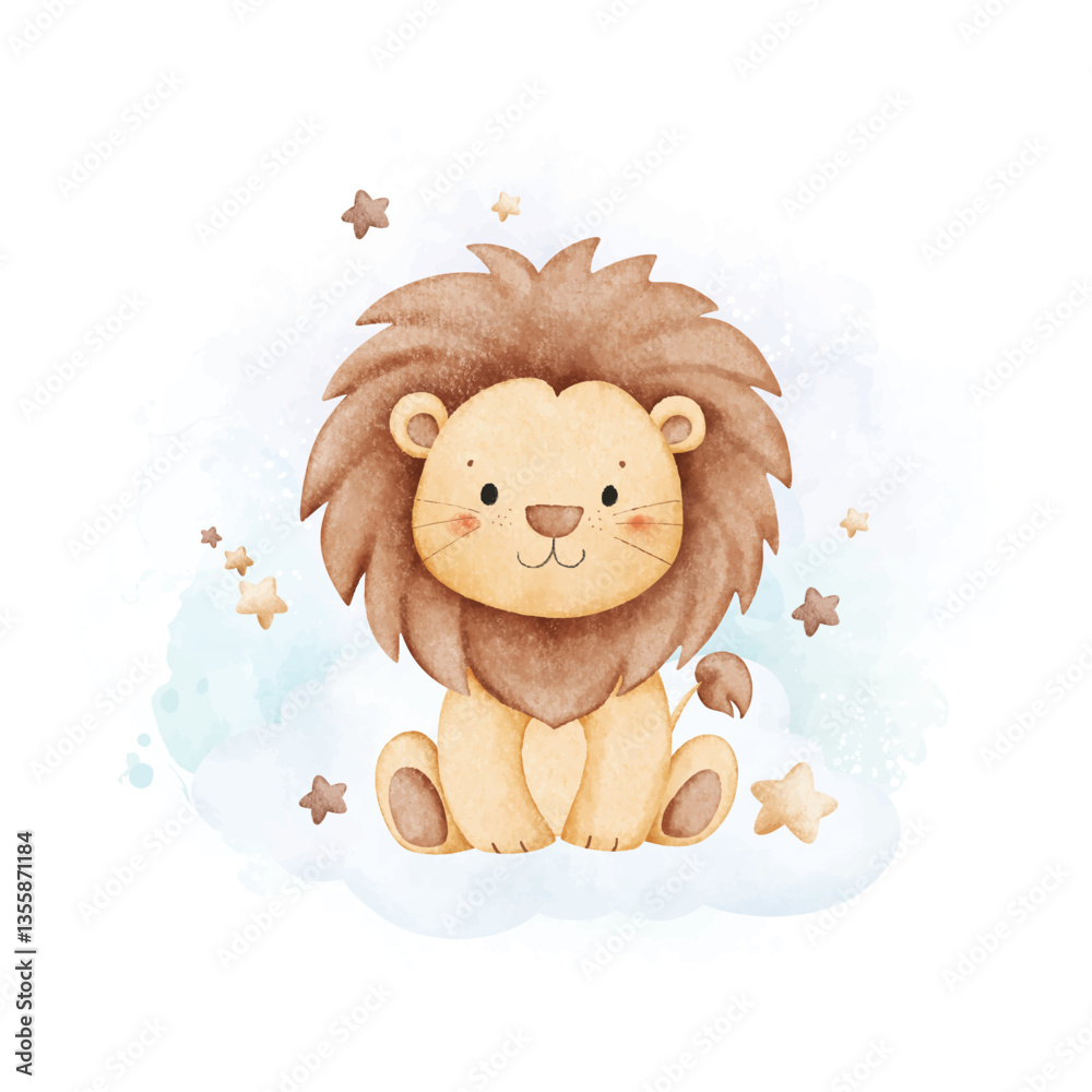 Fototapeta premium Watercolor Illustration Cute Lion Sits on Cloud with Stars
