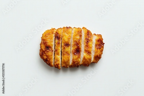 Golden crispy breaded chicken cutlet on a white background.