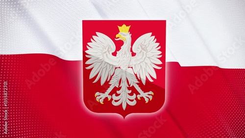 POLAND WAVING NATIONAL FLAG AND ROTATING EMBLEM ABSTRACT BACKGROUND ANIMATION LOOP