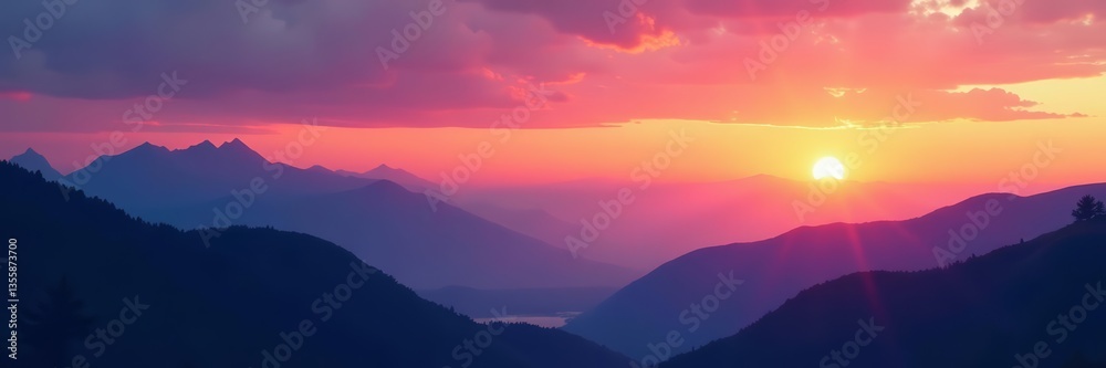 Obraz premium Stunning mountain silhouettes against colorful sunrise sky, nature's beauty showcased in peaceful morning scene, sunrise, peaceful