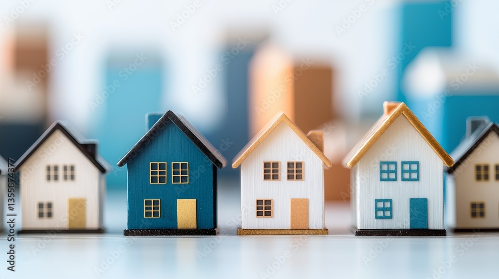 custom made wallpaper toronto digitalReal estate investing concept. Miniature houses in a row on a blurred background.