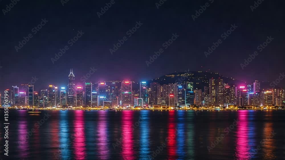 A view of the city lights with shooting stars in the sky and the lake water reflecting the city lights. A view of the city lights with shooting stars in the sky and the lake water reflecting the city lights.