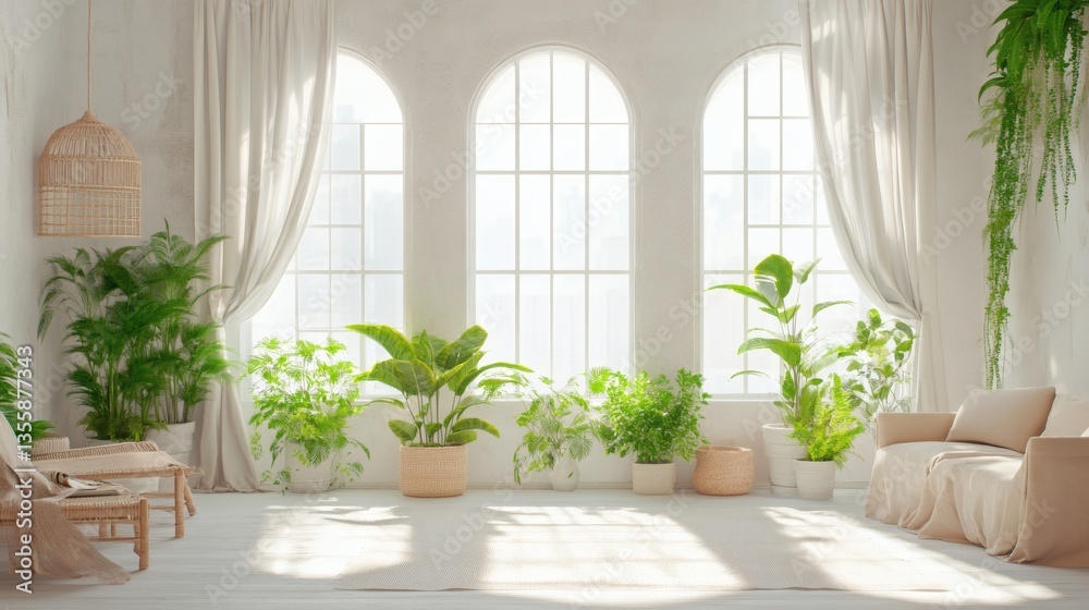 Serene interior with lush greenery, soft light and minimalist decor evokes calm Serene interior with lush greenery, soft light and minimalist decor evokes calm