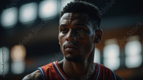 Focused Basketball Player: A determined athlete in vibrant basketball attire, showcasing an intense gaze that captures his unwavering focus and commitment to the game.