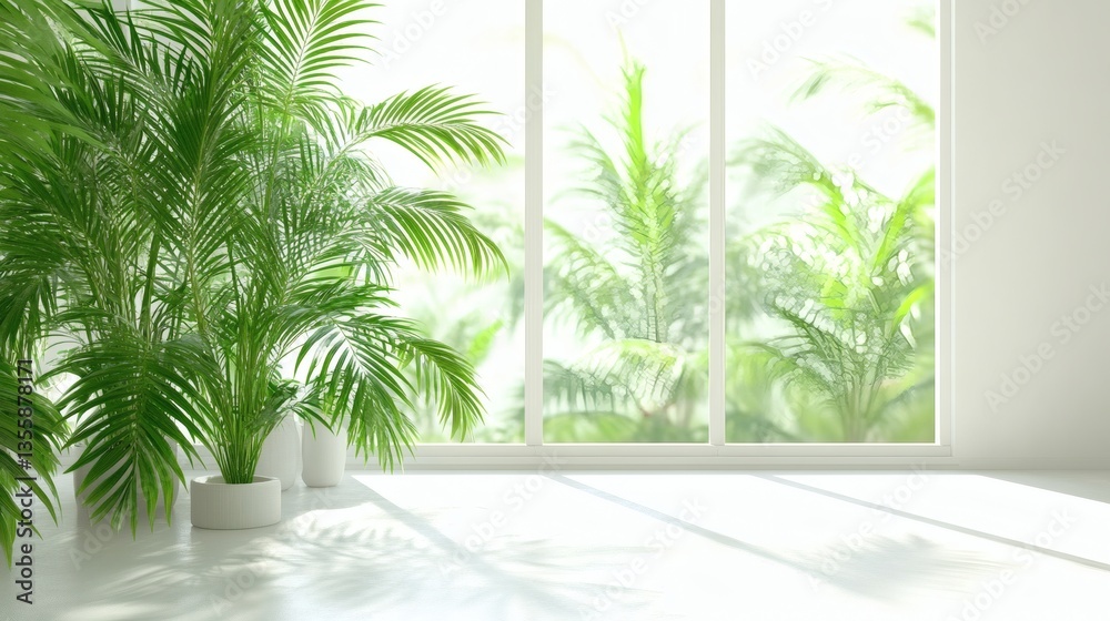 Fototapeta premium Bright open space with tropical plants by the window, modern home decor