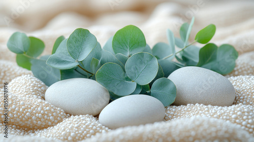Eucalyptus Leaves and Spa Stones on Soft Fabric for Background or Wallpaper

