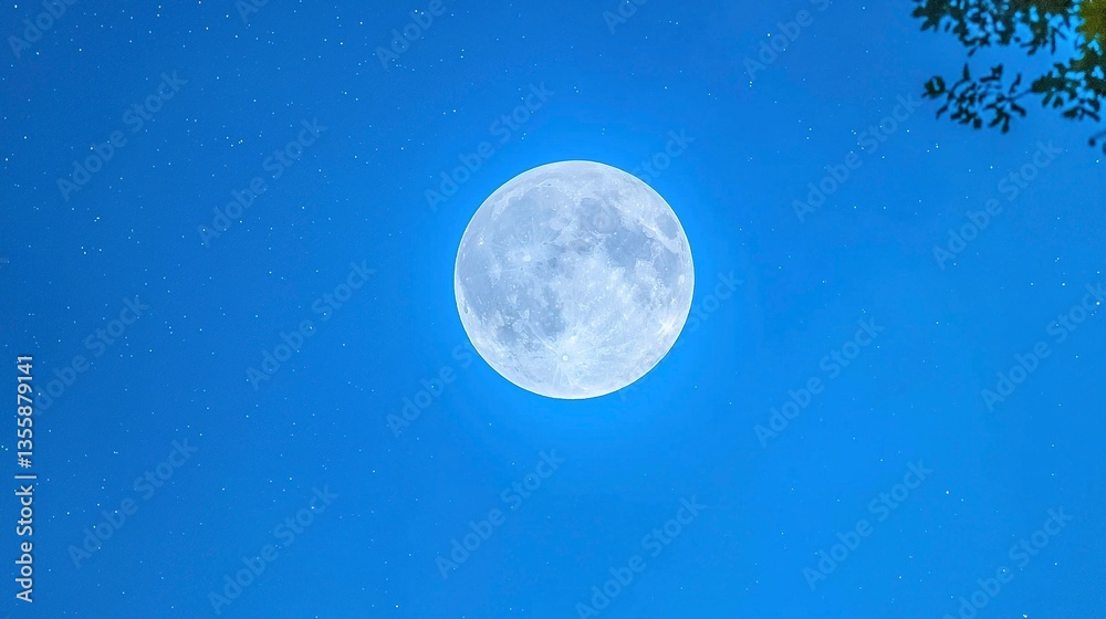 Fototapeta premium Full moon glowing brightly in night sky, stars visible