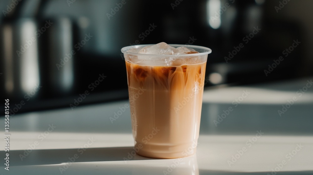 Refreshing Iced Coffee Drink in Clear Cup with Ice Cubes on Bright Kitchen Countertop