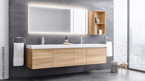 Modern bathroom design featuring a sleek floating vanity and illuminated mirror