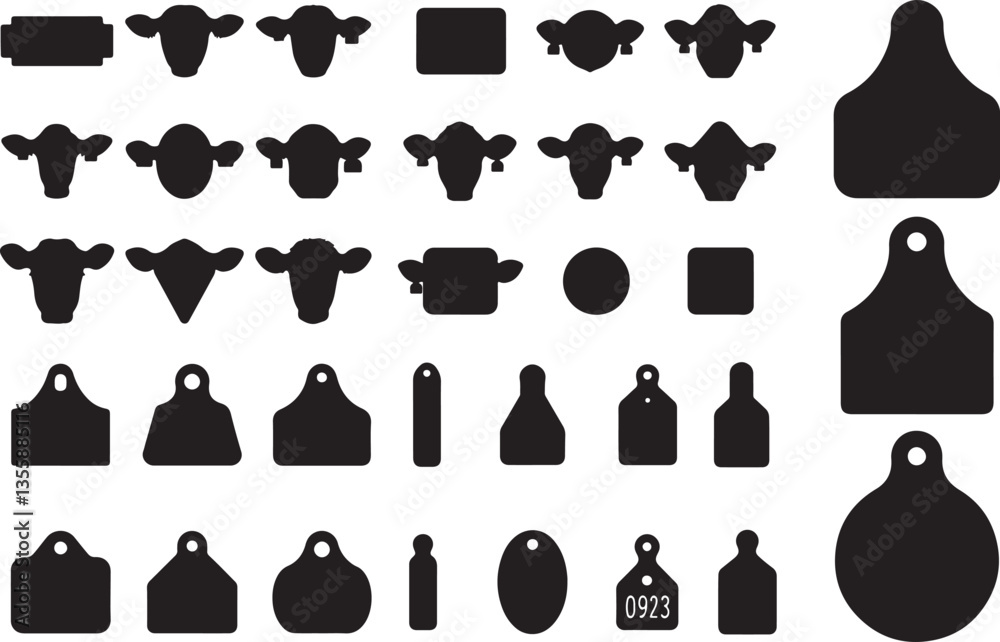 Obraz premium Steer Eartags Silhouette on White Background