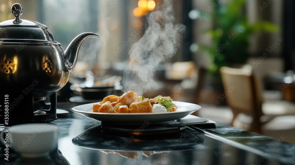 Warm Steaming Breakfast Pastries Served with Tea in Elegant Restaurant Setting Warm Steaming Breakfast Pastries Served with Tea in Elegant Restaurant Setting