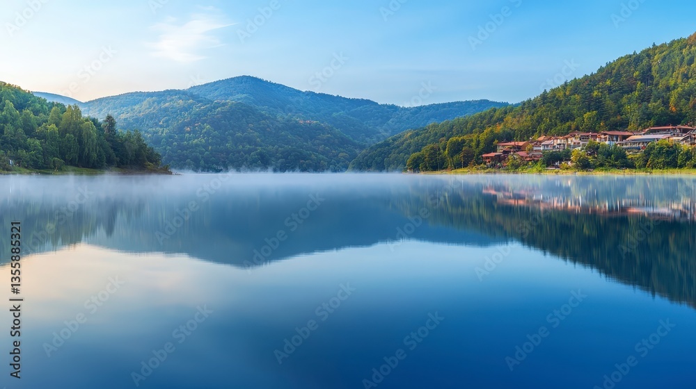 Serene Sunrise Misty Mountain Lake Reflection Serene Sunrise Misty Mountain Lake Reflection