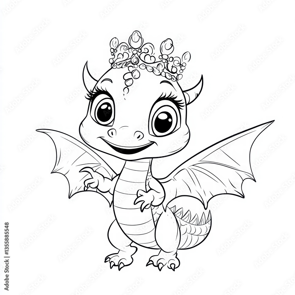 Obraz premium Magical Dragon Cartoon: A charming cartoon illustration of a friendly baby dragon, adorned with a playful crown and wings, ready to capture the hearts of children.