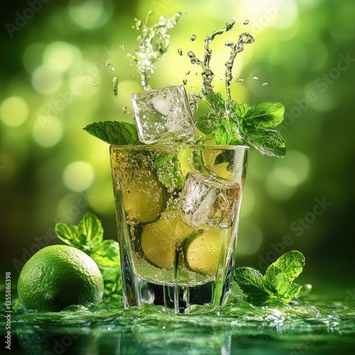 A cold mojito beverage with fresh mint and lime in a glass