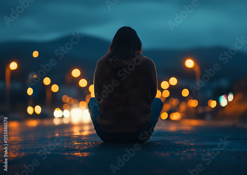 Woman sits alone with city night.