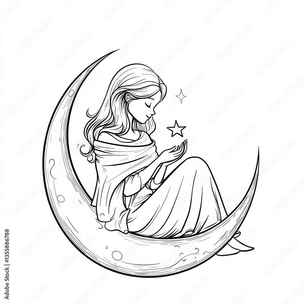Starry-Eyed Moonbeam: A celestial being finds tranquility on the crescent moon, captivated by the glimmer of a celestial star, evoking dreams and imagination.