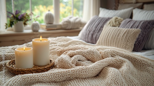 Cozy bedroom scene with candles and throws
