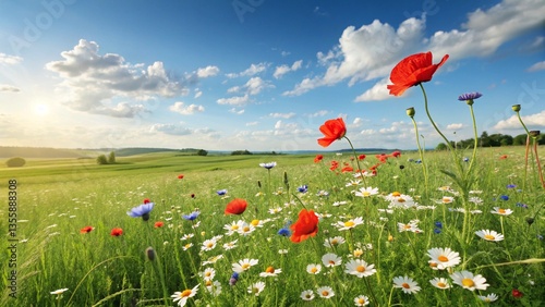 Fototapeta Naklejka Na Ścianę i Meble -  vibrant wildflower meadow explodes with color under a bright summer sky, showcasing a joyful profusion of poppies, daisies, and cornflowers in a breathtaking natural landscape.