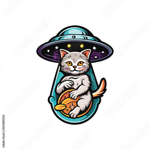 A serene feline, nonchalantly abducted by a UFO, floats peacefully amidst stars.  Its expression is utterly relaxed. (2nd version)