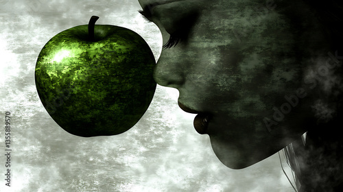 Woman smelling green apple with dark art.